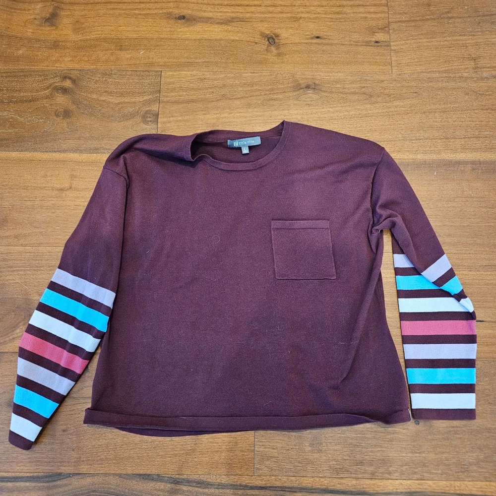 Title Nine Womens Burgundy Striped Sleeve Knit Pocket Top Plum Size Large